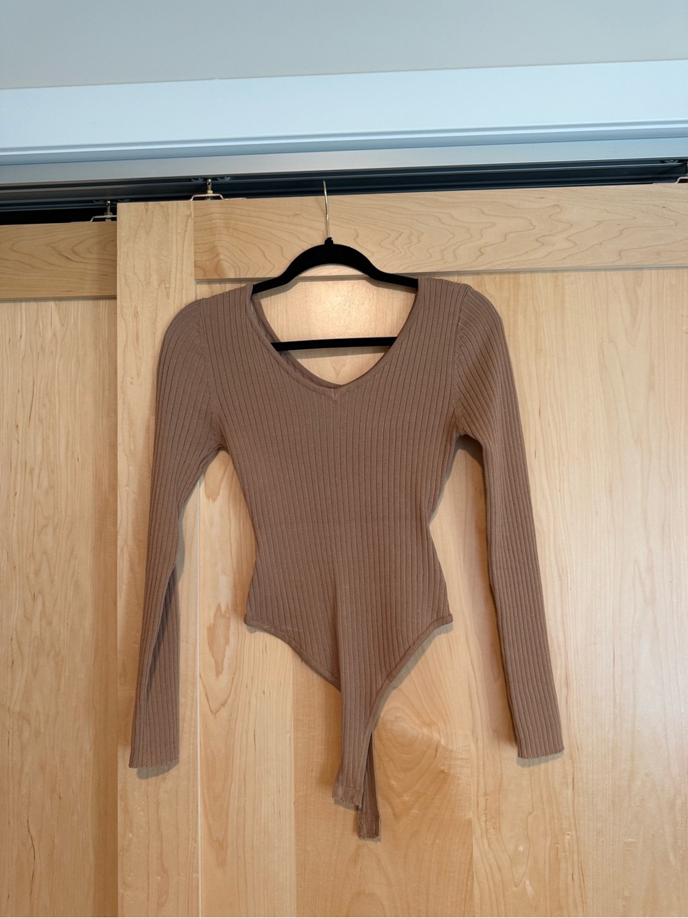 Love Tree Ribbed V-Neck Long Sleeve Bodysuit - Taupe